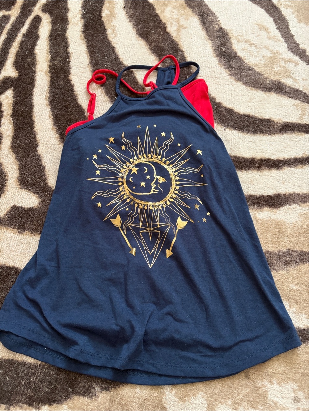 No Boundaries Navy Tank Top with Gold Sun & Moon Graphic and Red Straps